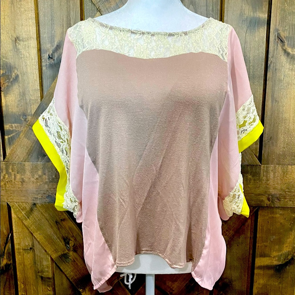 Gianni Bini Lace Hi Low Color Block Blouse Sz L